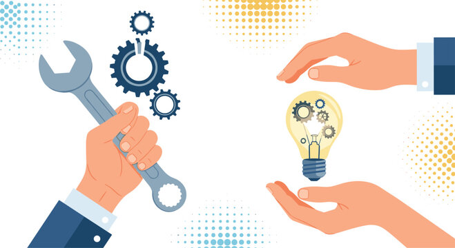 Concept of technical support and intellectual property protection with hands holding tools and guarding a lightbulb idea with gears.