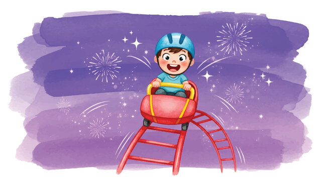 Happy boy riding a mini roller coaster with a watercolor background.
