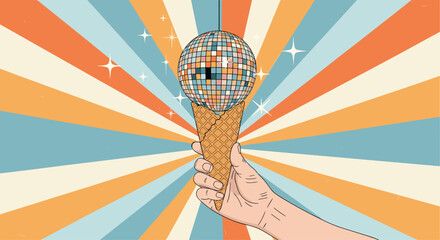 Retro 70s party concept with a hand holding an ice cream cone with a sparkling disco ball scoop against a colorful sunburst background.