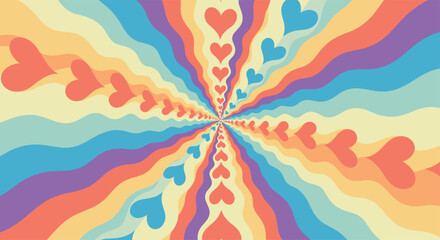 Psychedelic groovy background from the 70s with radiating wavy stripes and heart shapes in a retro color palette for a love theme.