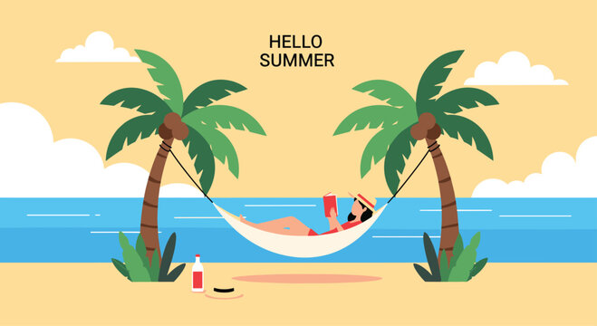 Hello Summer banner with a woman reading a book in a hammock between two palm trees on a tropical beach relaxing by the ocean.