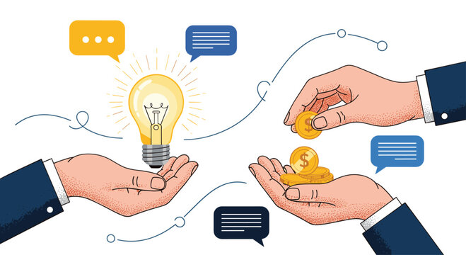 Business investment and startup funding concept with hands exchanging a lightbulb idea for money with chat bubbles for communication.