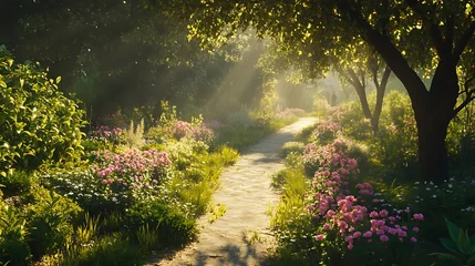 Plexiglas schilderij Zorgcentrum picturesque garden path winding through a sunlit landscape filled with colorful flowers and green foliage, creating a peaceful and inviting scene  © aseenz imagine