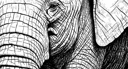 Close-up black and white sketch of an elephants face.