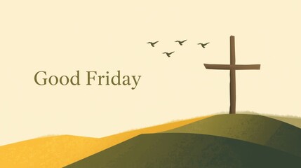 Good friday christian cross silhouette on a hill with birds flying
