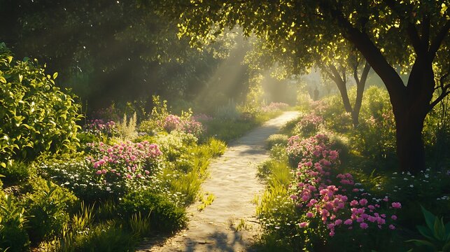 picturesque garden path winding through a sunlit landscape filled with colorful flowers and green foliage, creating a peaceful and inviting scene