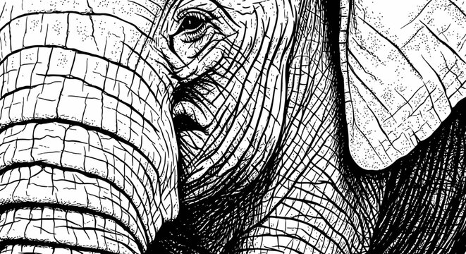 Close-up black and white sketch of an elephants face.