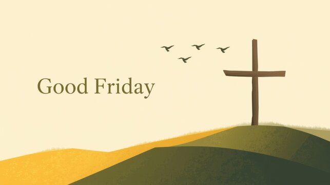Good friday christian cross silhouette on a hill with birds flying - Powered by Adobe