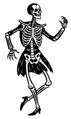 Dancing skeleton silhouette set in vintage Halloween style, spooky festive bone characters dancing