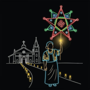 Woman holding a neon parol lantern near a church at christmas.