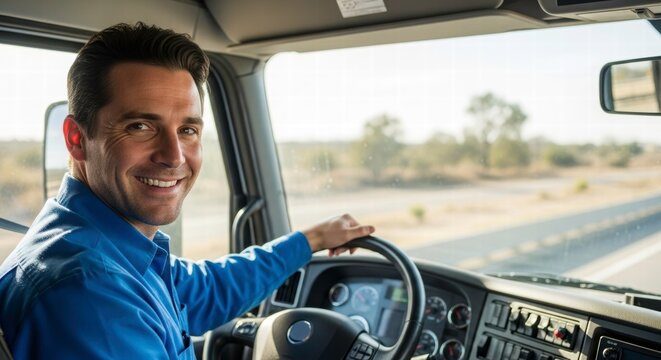 Truck Driver: A portrait of a professional driver, confidently steering his truck down a highway, conveying reliability and expertise, framed by the open road.