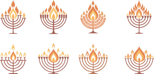 Collection of stylized menorah icons with glowing orange and yellow flames hanukkah