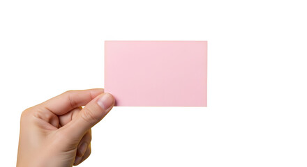 Hand holding blank pink business card mockup for copy space on white background