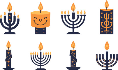 Collection of stylized menorahs and candles with star decorations and a smiling candle