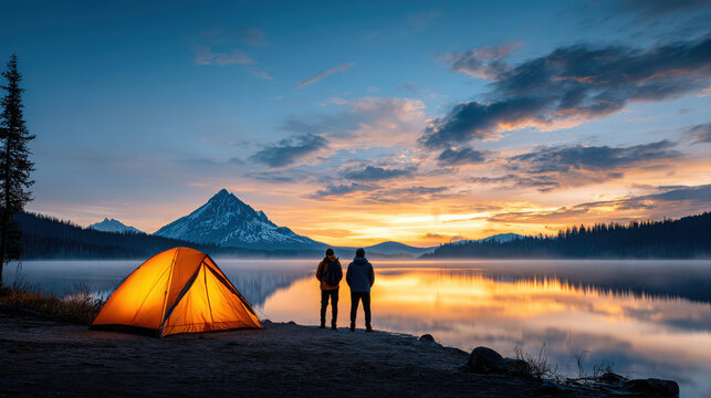 Serene Camping Scene with Couple by Lake Beneath Majestic Mountain at Sunset, Perfect for Travel and Outdoor Adventure Themes