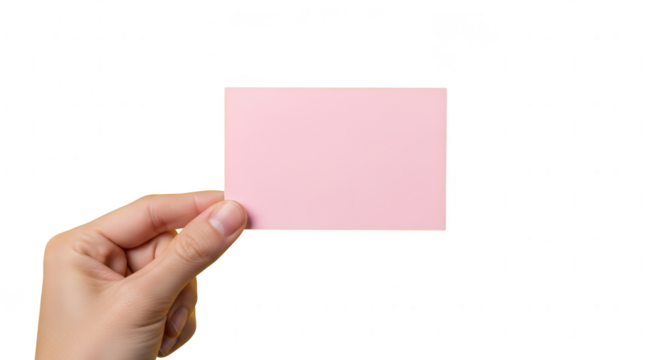 Hand holding blank pink business card mockup for copy space on white background