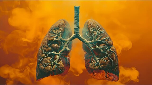 Anatomical illustration of human lungs, showing the effects of smoking and environmental pollution.