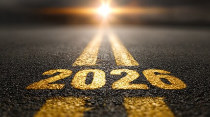 Road forward with "2026" painted on it, leading towards a bright horizon