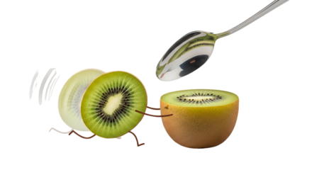 Whimsical kiwi fruit slices running from a spoon, perfect for healthy eating campaigns or playful food illustrations with a healthy twist and delicious vibe
