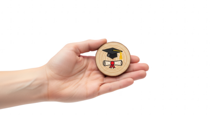 Hand holding wooden disc with graduation cap and diploma icon, academic symbol.