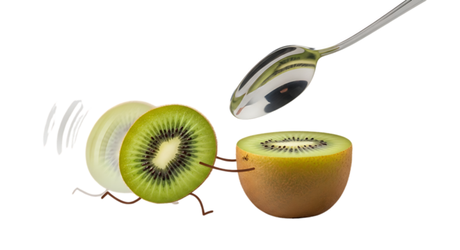 Whimsical kiwi fruit slices running from a spoon, perfect for healthy eating campaigns or playful food illustrations with a healthy twist and delicious vibe
