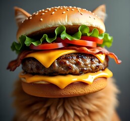 
A cute cat peeks mischievously from behind a juicy gourmet burger on a wooden table, with soft studio lighting.