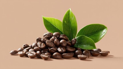 Fototapeta premium Shiny coffee beans with glossy green leaves against a neutral beige backdrop