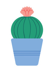 Flowering Round Green Cactus with Pink Bloom in Striped Blue Pot Illustration