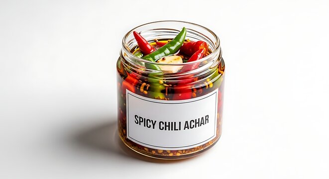 Spicy chili achar recipe homemade indian pickle in glass jar traditional condiment asian cuisine food