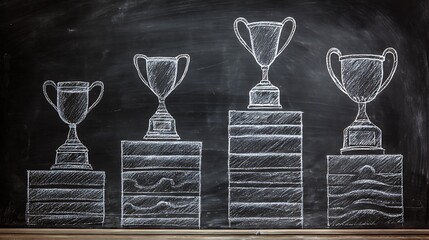 Chalkboard Drawing of Trophies on Podium Depicting Success and Achievement