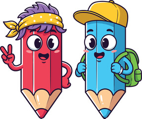 Cartoon pencils with expressive faces, school accessories, peace sign, backpack, playful characters, educational concept, kids art, colorful drawing, fun illustration