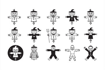 Spooky scarecrow vector set featuring pumpkin heads, witches, zombies, and mummies