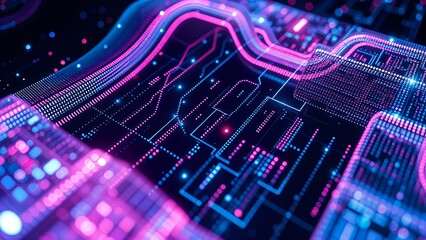 virtual digital circuit board fluorescent with neon line intricate network of electrical path and component