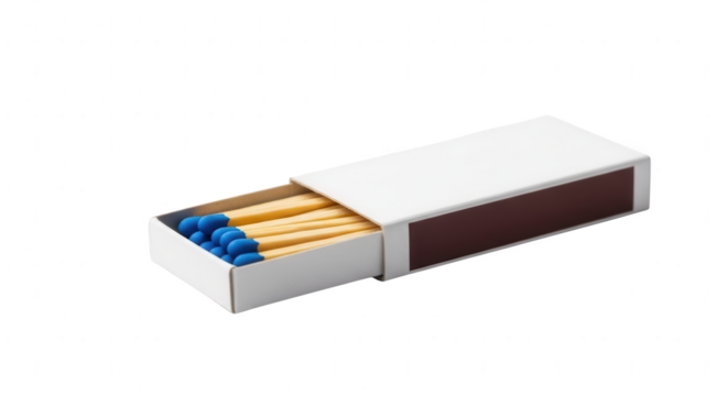 Open white matchbox with many blue-tipped matches on a clean background. fire ignition tool.