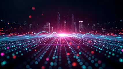 digital cityscape building neon LED light with skyscraper and digital wave landscape under dark sky