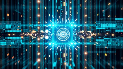 neon blue square area with vibrant line particle and digital circuit board matrix, sense of motion and energy