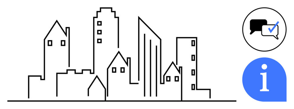 Black-and-white urban skyline illustration with diverse buildings, speech bubble carrying a checkmark, and blue info icon. Ideal for urban planning, communication, real estate, technology, progress