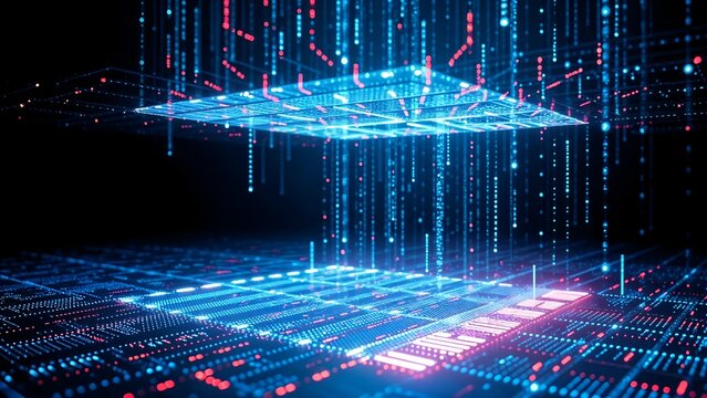 digital landscape with 3d floating horizontal layer surface data stream flow and vertical beam of light