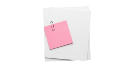 Pink sticky note on a stack of blank white papers held by a paperclip for reminders.