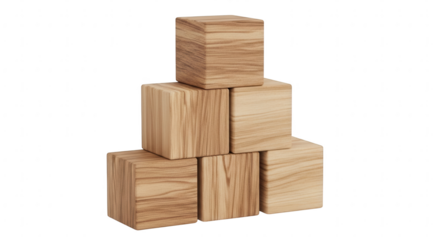 Stacked natural wooden cubes forming a stable pyramid structure, showcasing growth