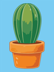 Tall Columnar Green Cactus in Terracotta Pot on Light Blue Background Illustration