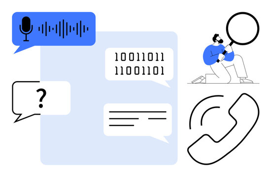 Speech bubble, binary code, magnifying glass, and phone icon represent communication, technology, and search. Ideal for tech, AI, customer service research collaboration education and teamwork
