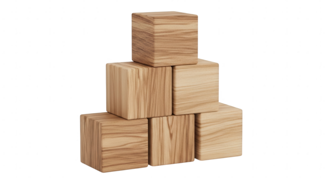 Stacked natural wooden cubes forming a stable pyramid structure, showcasing growth