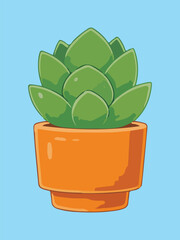 Green Rosette Succulent Plant in Terracotta Orange Pot on Blue Background Illustration