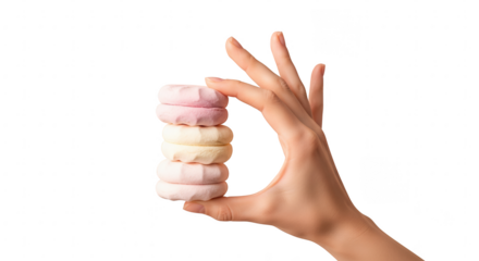 Female hand delicately holding a neat stack of colorful pink and yellow marshmallows