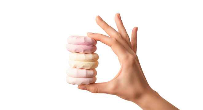Female hand delicately holding a neat stack of colorful pink and yellow marshmallows - Powered by Adobe