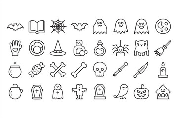 Spooky Halloween line icon bundle with ghosts, bats, pumpkins, and witchcraft elements