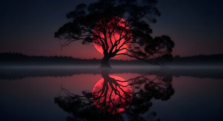 landscape tree with glow red blood moon covered desktop wallpaper, pc wallpaper 4k	