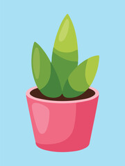 Simple Green Three-Leaf Succulent Plant in Pink Pot on Blue Background Illustration