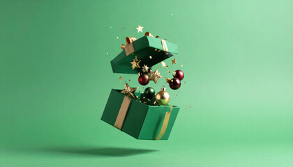 The Christmas gift box tilts open and there are things inside like stars and Christmas balls.
